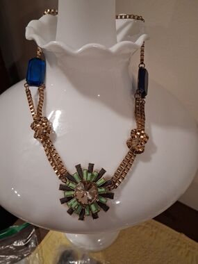 Gold-Tone Statement Necklace with Green & Blue Accents